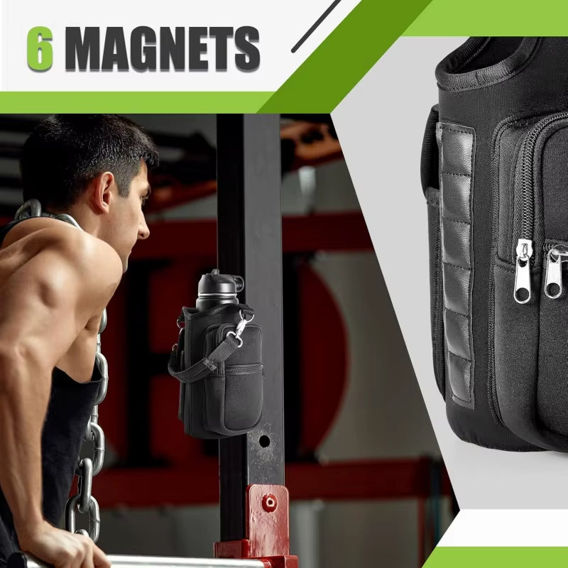 Magnetic Water Bottle Holder with Integrated Phone Pocket and Adjustable Shoulder Strap - Equipped with 6 Strong Magnets for Enhanced Security