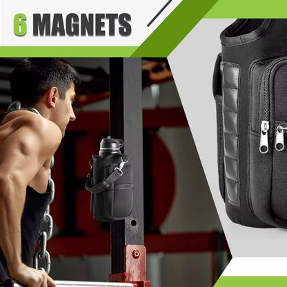 Magnetic Water Bottle Holder with Integrated Phone Pocket and Adjustable Shoulder Strap - Equipped with 6 Strong Magnets for Enhanced Security