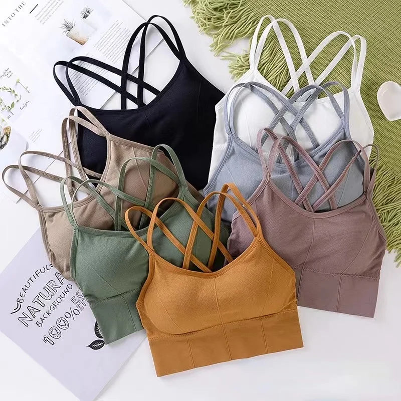 Women's Back Cross Strap Sports Bra - Push-Up Tank Top for Running and Yoga, Breathable and Soft Fitness Apparel in Solid Colors