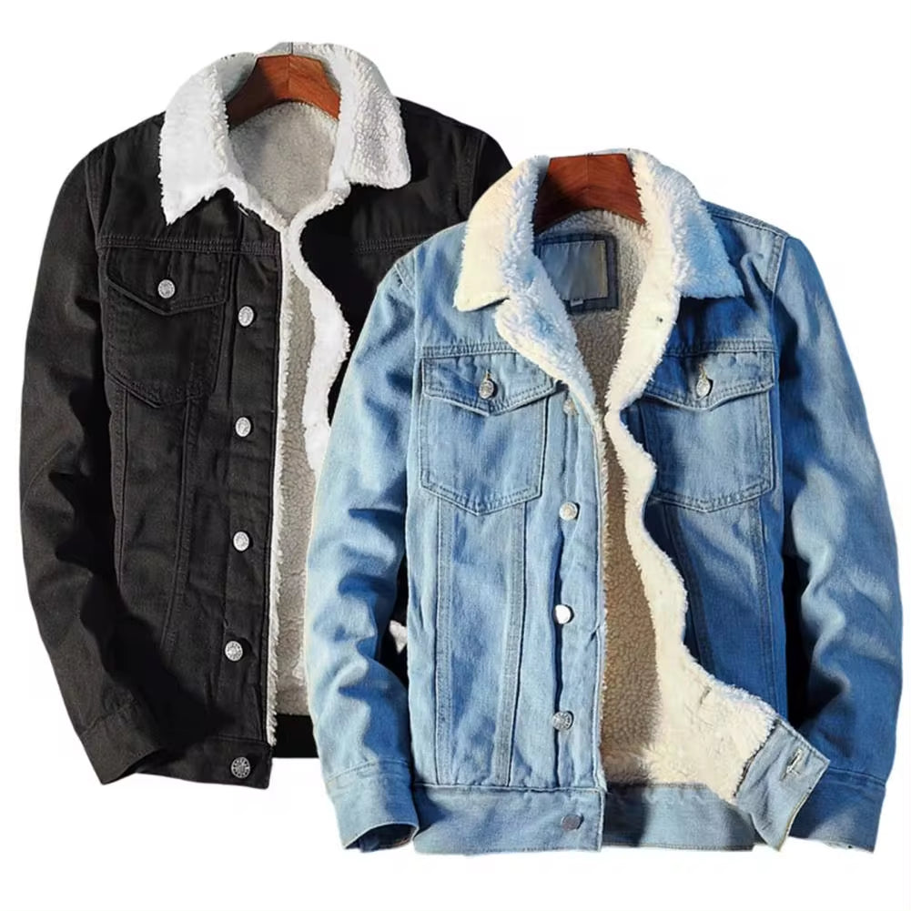 Men's Winter Autumn Denim Jacket with Fleece Lining and Velvet Collar