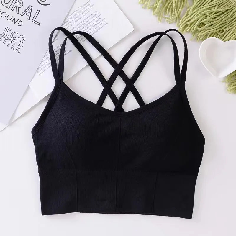 Women's Back Cross Strap Sports Bra - Push-Up Tank Top for Running and Yoga, Breathable and Soft Fitness Apparel in Solid Colors
