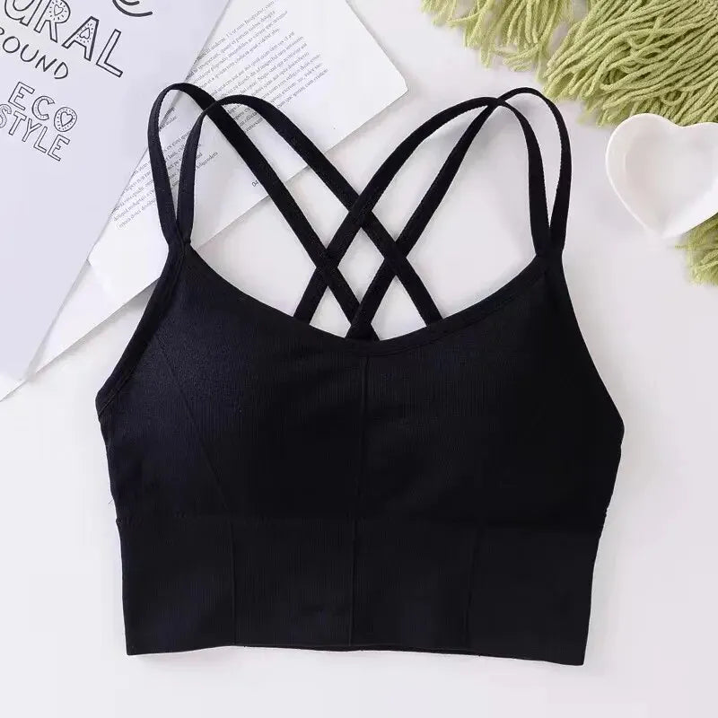Women's Back Cross Strap Sports Bra - Push-Up Tank Top for Running and Yoga, Breathable and Soft Fitness Apparel in Solid Colors