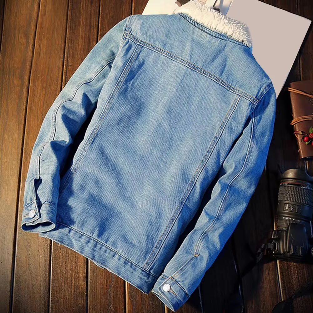 Men's Winter Autumn Denim Jacket with Fleece Lining and Velvet Collar