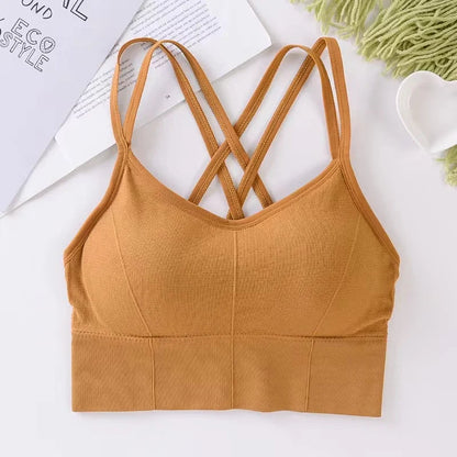 Women's Back Cross Strap Sports Bra - Push-Up Tank Top for Running and Yoga, Breathable and Soft Fitness Apparel in Solid Colors