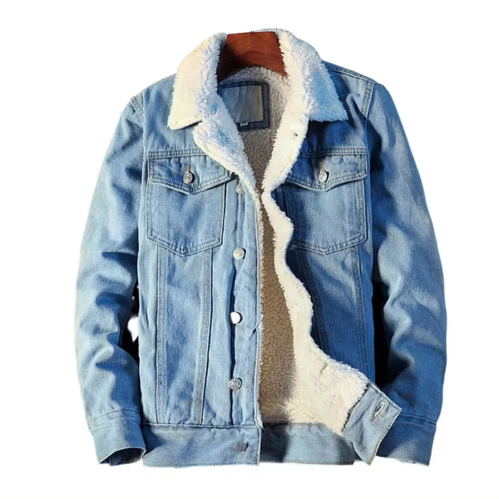 Men's Winter Autumn Denim Jacket with Fleece Lining and Velvet Collar