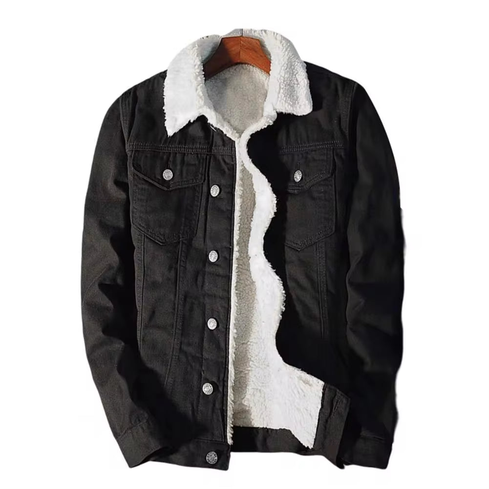 Men's Winter Autumn Denim Jacket with Fleece Lining and Velvet Collar