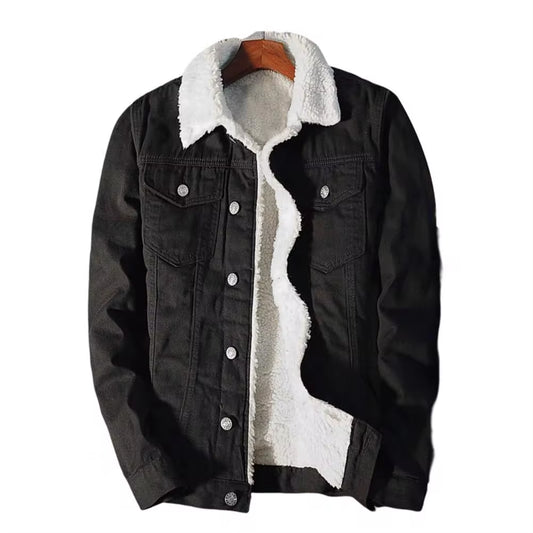 Men's Winter Autumn Denim Jacket with Fleece Lining and Velvet Collar