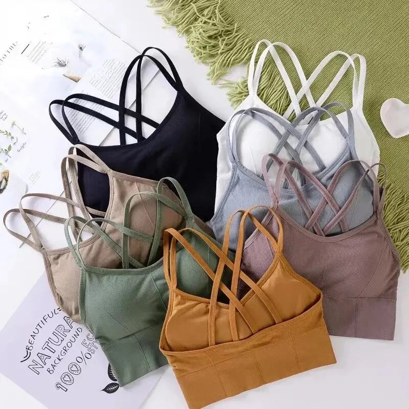 Women's Back Cross Strap Sports Bra - Push-Up Tank Top for Running and Yoga, Breathable and Soft Fitness Apparel in Solid Colors