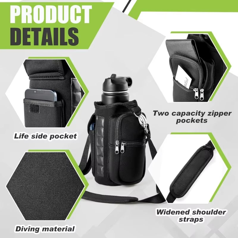 Magnetic Water Bottle Holder with Integrated Phone Pocket and Adjustable Shoulder Strap - Equipped with 6 Strong Magnets for Enhanced Security